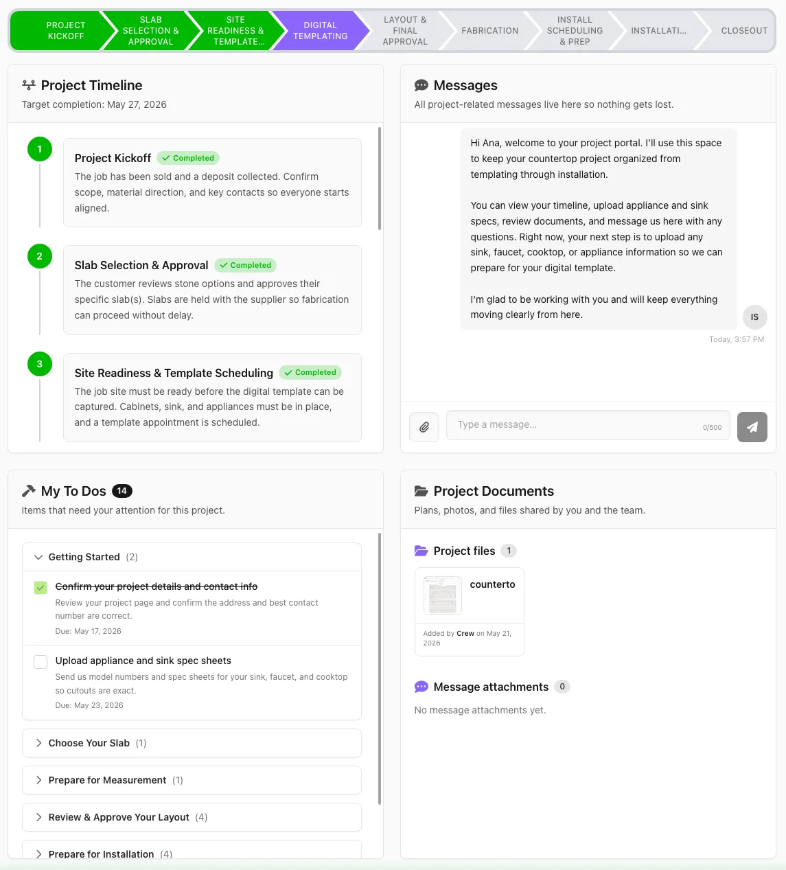 UpdatesPad client portal showing project timeline, approvals, photos, and install schedule