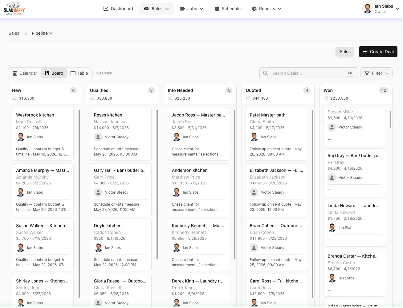 UpdatesPad CRM sales pipeline with countertop job stages from lead through install